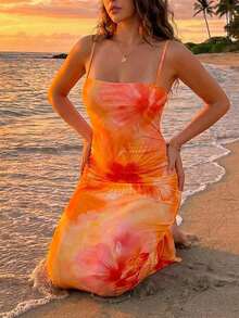 Veykashi 大码女士优雅夏威夷风情印花露背连衣裙，夏季沙滩装，女士海滩度假装，波西米亚热带度假套装 - 橘色 - 查看 5
