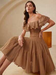 BELROSIE Vestido amarillo de hombros descubiertos, cuello con volantes en capas, diseño plisado en 3D, estilo romántico y elegante, tela ligera y transparente, adecuado para fiestas de verano, vacaciones en la playa y bodas de damas de honor, silueta con cintura ceñida, tela de gasa vaporosa. Características clave: Vestido de hombros descubiertos, dobladillo con volantes, corte 3D, cintura ceñida, ocasiones casuales de vacaciones de verano - Café - Ver 5