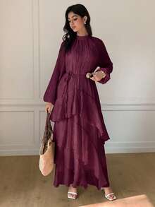 Solavon New Ruched Multi-Layer Flounce Cinched Waist Flowy Beach Dress, Flattering And Suitable For Vacation And Beach - Red Violet - View 8