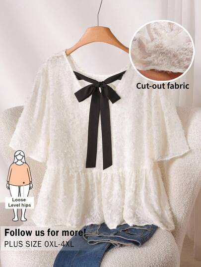 CosyJoli 大码女式镂空短袖上衣，蝴蝶结休闲衬衫