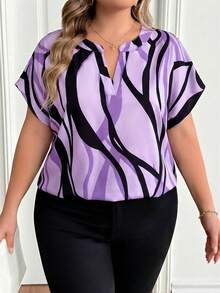 SHEIN CURVE+ 大码女式V领休闲百搭日常衬衫 - 淡紫色 - 查看 5