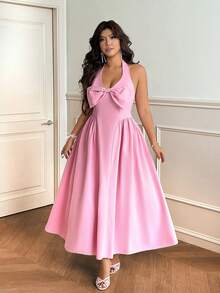 Vionelle 大码女士优雅度假V领系腰带飘逸连衣裙 - 粉色 - 查看 2