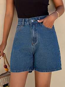 DAZY Women's Casual High Waist Cotton Solid Color Denim Shorts, Summer - Blue - View 4