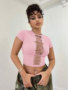 SHEIN BAE Áo thun kaki bó sát, màu trơn, kiểu dáng grunge, khoét lỗ, thích hợp cho các lễ hội âm nhạc, buổi hòa nhạc và mặc thường ngày. - Bụi hồng - Xem 3