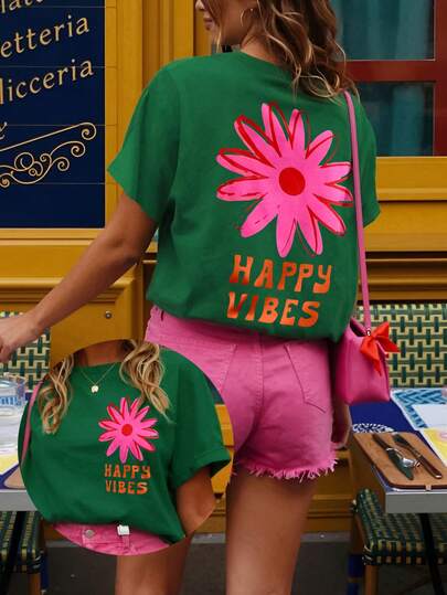 DrmWander Women's T-Shirt, Casual Street Style Graphic Short Sleeve T-Shirt, Cute Summer Top Women Vacation Outfit Sets Flower Power Outfit Womens Summer Outfits Women Spring Outfit Retro Outfit For Women Womens Summer 2 Piece Sets Women Outfits Sets