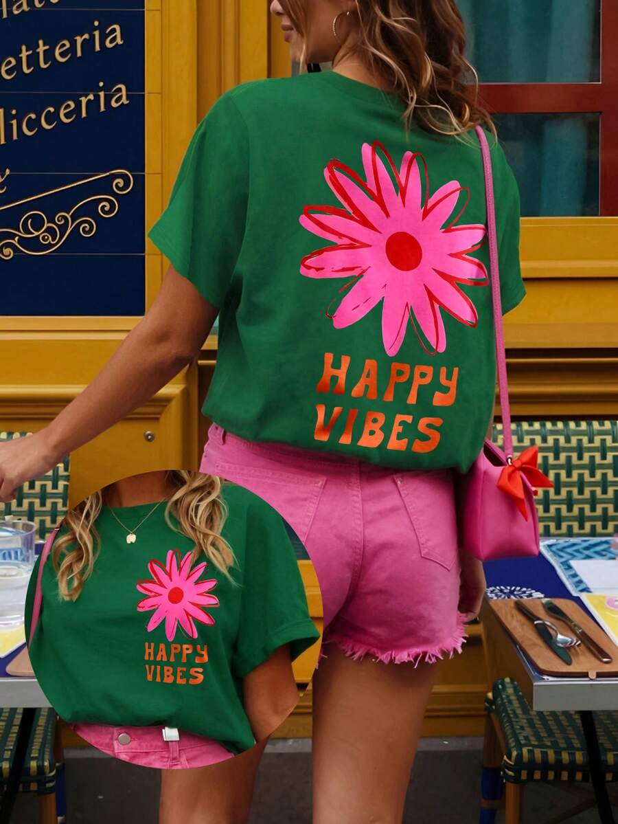 DrmWander 女士T恤，休闲街头风印花短袖T恤，可爱夏季上衣，女士度假套装，花朵图案套装，女士夏季套装，女士春季套装，女士复古套装，女士夏季两件套，女士套装，复古套装，女士活力T恤，印花T恤，粉色短裤套装 - 綠色 - 查看 1
