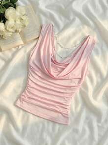 SHEIN MOD Plunging Neck Backless Faux Pearl Chain Fitted Draped Sleeveless Top - Pink - View 2
