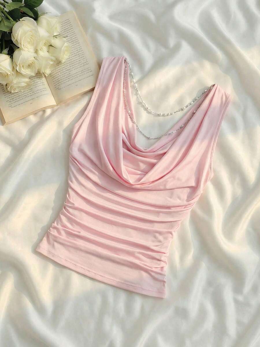 SHEIN MOD Plunging Neck Backless Faux Pearl Chain Fitted Draped Sleeveless Top - Pink - View 1
