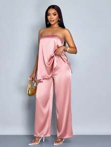 SOLERSUN Sexy And Elegant Satin Suit Featuring An Asymmetrical Hemline, Strapless Top, And Wide-Leg Trousers. Perfect For Everyday Wear, Business Meetings, Casual Commutes, Spring/Summer Vacations, Parties, And Music Festivals. Made Of Pink Satin. - Pink - View 3