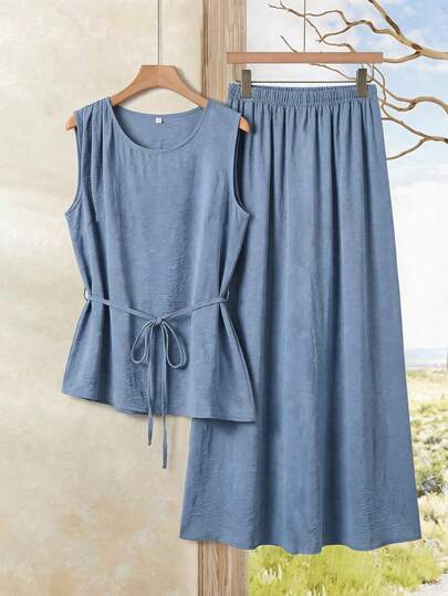 Rusticease Women's Solid Color Round Neck Sleeveless Shirt And Mini Skirt Casual 2-Piece Set