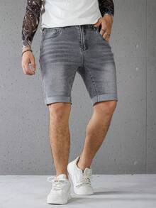 Manfinity Homme Celana Capri Denim Skinny Kasual Musim Panas Elastis untuk Pria Ukuran Besar - Grey - View 3