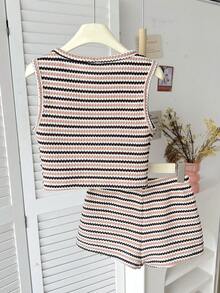 SHEIN Setelan Tank Top dan Celana Pendek Bergaris Kasual Longgar Minimalis Nyaman untuk Anak Perempuan Remaja - MultiWarna - View 2