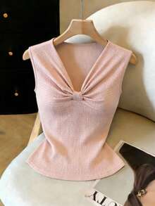 Elenzga Tall Women's Elegant Solid Color Twist Front Fitted T-Shirt, Summer - Pink - View 2