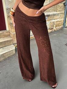 女士棕色低腰蕾丝直筒裤，夏季必备，复古花卉镂空设计，休闲时尚，修身剪裁。女士夏季裤装，波西米亚风长裤，可作泳装罩衫。 - 棕色 - 查看 7