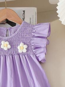 SHEIN Vintaside Kids 女童嬰兒藍夏季仙女派對7歲生日優雅甜美貼花圓領短袖荷葉邊下擺寬鬆時尚棉質洋裝，生日穿著 - 紫色 - 查看 8