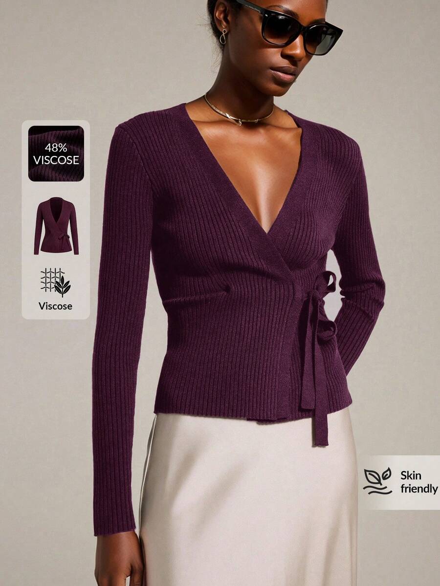 Ontre Áo khoác cardigan dệt kim gân màu tím thắt nơ phía trước dành cho nữ, mùa xuân/hè 2026, phong cách thường ngày, trang phục công sở, đồng phục giáo viên, áo khoác ngoài cơ bản cho mùa xuân/hè. - Màu đỏ tím - Xem 1