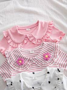 SHEIN 3件套女童甜美可爱荷叶边领短袖T恤，粉白条纹组合，夏季日常穿着 - 彩色 - 查看 3