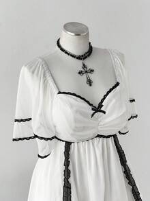 Sunspun Vestido de manga corta con dobladillo acampanado, encaje y tela de organza francesa, estilo dulce, talla grande - Blanco - Ver 6