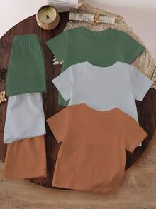 3件套幼儿男童休闲城市字母印花撞色短袖T恤短裤套装，加州、纽约、洛杉矶复古T恤套装，适合日常玩耍、户外运动、上学穿着，灰色、棕色、绿色套装，夏季服装 - 彩色 - 查看 2