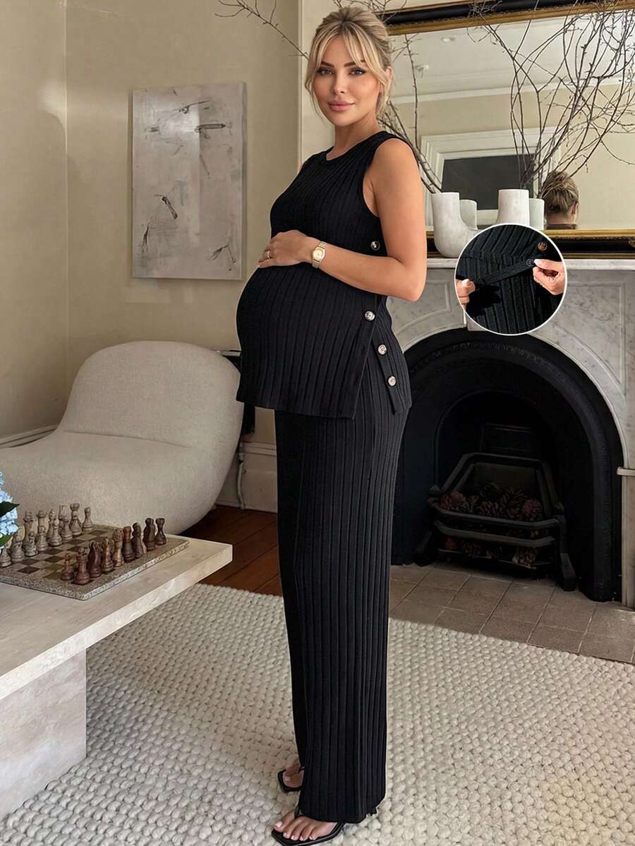 MaterniWear 夏季孕妇装 工作服 孕妇工作套装 孕妇工作两件套 纯色侧扣罗纹针织背心和可调节腰围阔腿裤 休闲哺乳两件套,这款优雅的两件套孕妇装采用黑色罗纹饰边、侧扣和舒适不紧绷的腰带。适合工作和休闲外出。复古风格孕妇两件套 孕妇两件套 产后套装 羊毛两件套 家居服两件套 女士两件套 女士套装 女士两件套 女士套装 孕妇装两件套 孕期两件套 新妈妈服装 裤子两件套 居家办公服装 一件套 - 黑色 - 查看 1