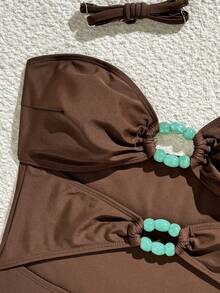 Swim Chiccia 1pc Women's Solid Color Fabric Detachable Strap Green Bead Decor High Neck Elegant Sexy One-Piece Swimsuit - Coffee Brown - View 4