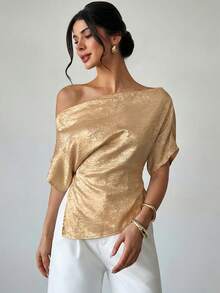 Firerie Women's Elegant Sophisticated Urban Chic Off-Shoulder Asymmetric Hem Metallic Coated Gold Blouse,Summer Top For Seductive Party Night Valentine's Day - Khaki - View 1