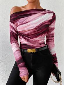 EMERY ROSE Marble Gradient Print Asymmetrical Neck Long Sleeve T-Shirt For Spring - Pink - View 4