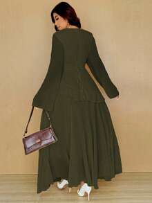 Vionelle Plus Size Elegant Ruffle Flare Sleeve Dress, Spring - Army Green - View 2