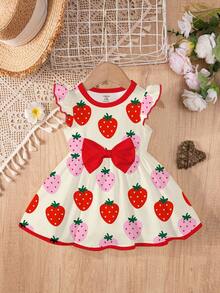 SHEIN 甜美夏日缤纷草莓印花，度假风，女宝宝可爱蝴蝶结卡通印花时尚长袖连衣裙，适合秋冬季穿着 - 彩色 - 查看 2