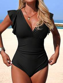 SHEIN Swim Lushore Women's Ruffled V-Neck Crossover One-Piece Swimsuit - Black - View 10