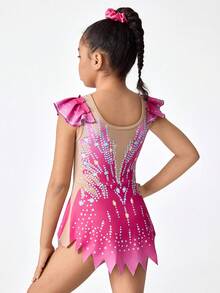 女童无袖紧身体操服，无袖印花紧身体操服，舒适亲肤，紧身设计防止走光，艺术体操运动服，学校舞蹈比赛服，四季皆宜，玫瑰红，鲜艳图案 - 玫紅色 - 查看 7