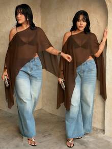 Rustia Plus Size Brown Plain Asymmetrical Hem Semi-Sheer Cloak Sleeve Regular Length Blouse - Brown - View 1