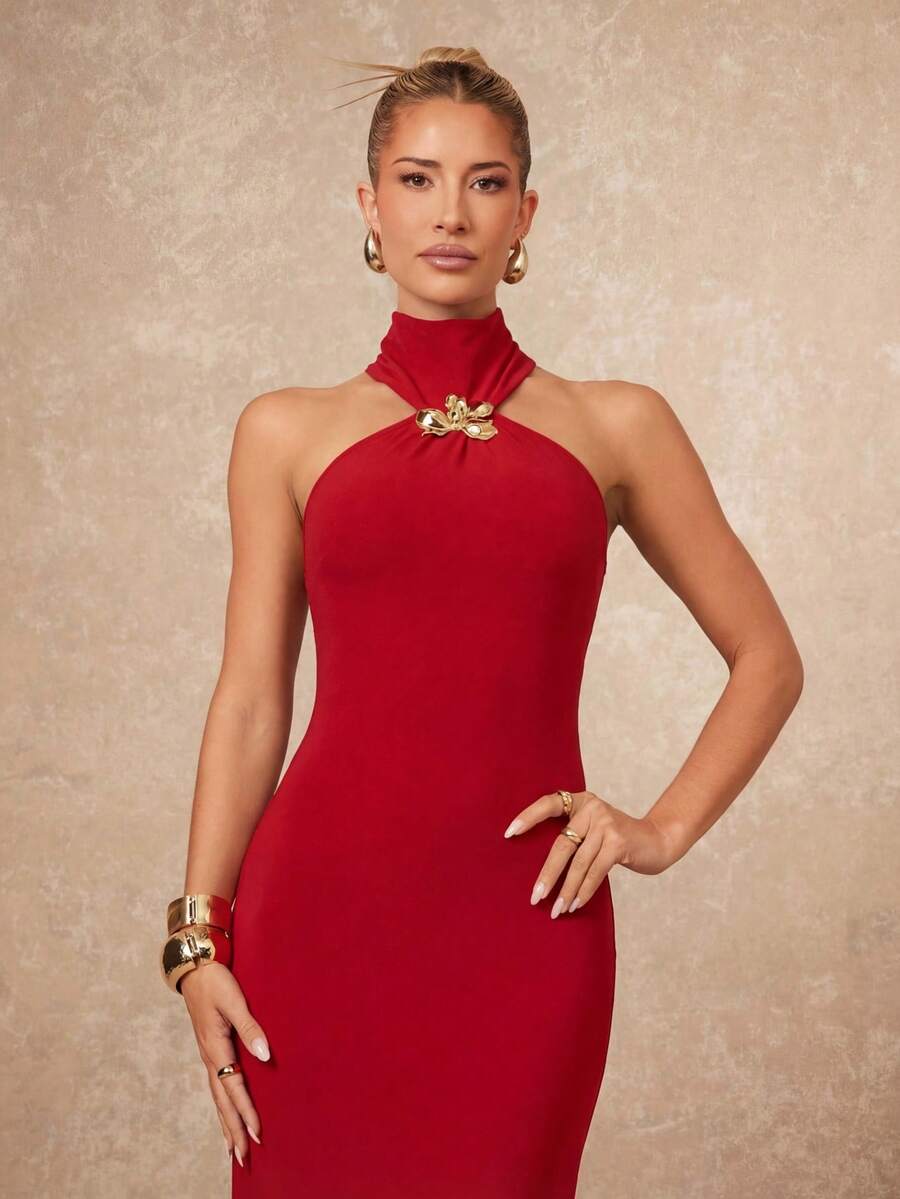 Lumalex 女士优雅露背吊带连衣裙，夏季 - 紅色 - 查看 1