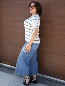 Lupita Cardoza Top tricotat casual pentru femei, cu guler rotund și mânecă scurtă, cu dungi, toamnă pentru femei, iarnă, Anul Nou pentru femei, petrecere, nuntă, absolvire, elegant, casual, vară - Caisă - Vizualizare 3