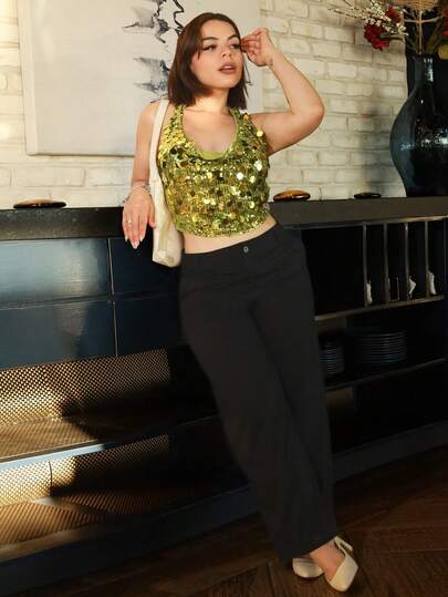 Lupita Cardoza 新款亮片绿色垂坠领口系带短款上衣，适合休闲、街头、度假、派对、秋冬