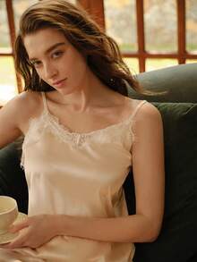 Bộ đồ ngủ ren hở lưng dây mảnh cho nữ và quần short thường ngày - Rượu sâm banh - Xem 9