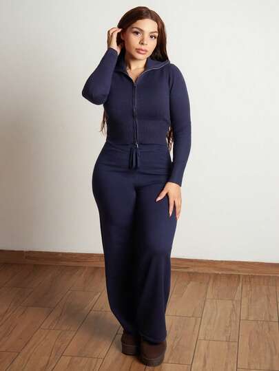 Lupita Cardoza 2 件套女士海军蓝拉链开衫和针织裤休闲套装、毛衣套装，秋冬