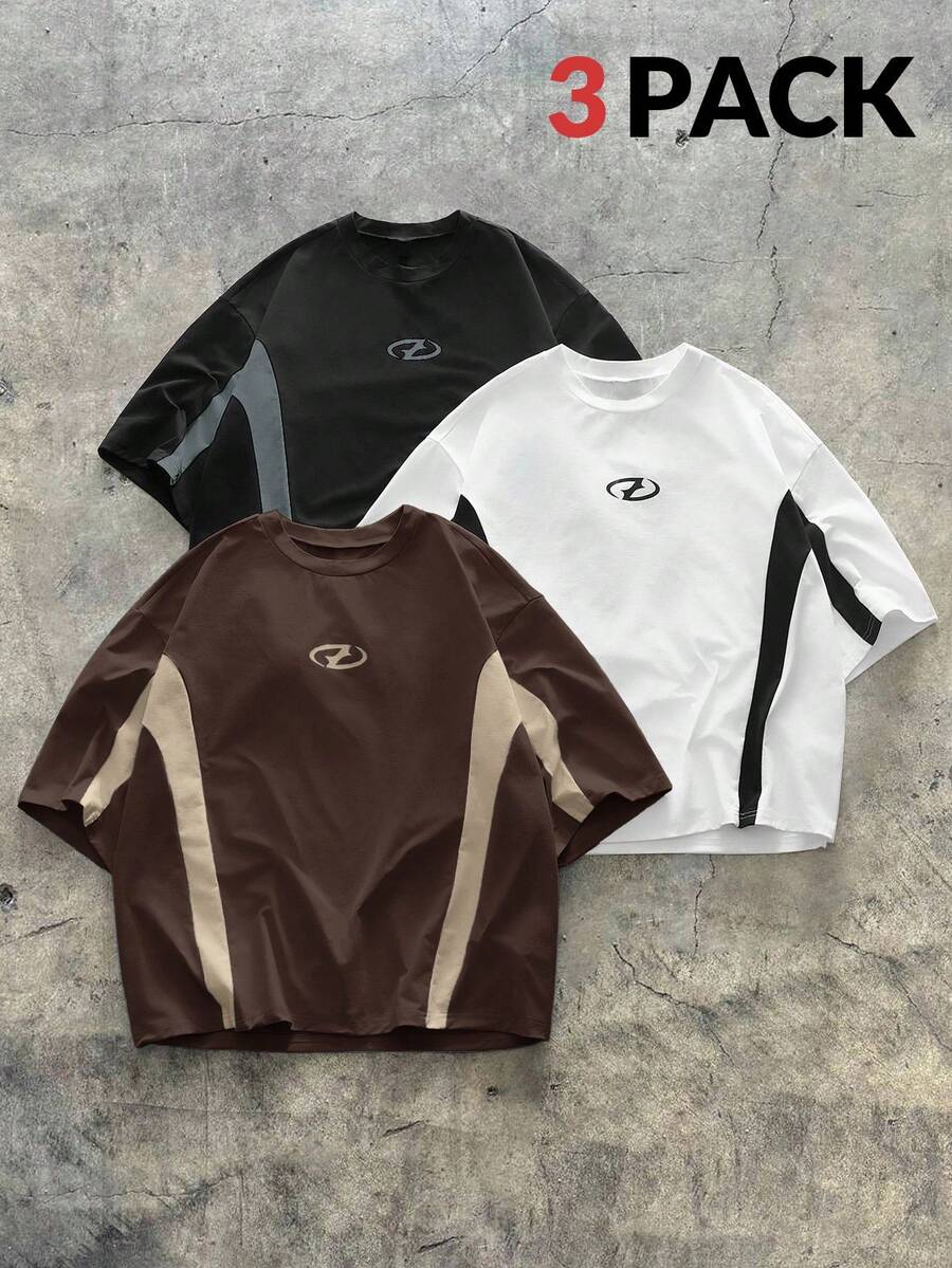 AXEPEAK Set de 3 camisetas de manga corta con cuello redondo y estampado de color contrastante para hombres - Multicolor - Ver 1