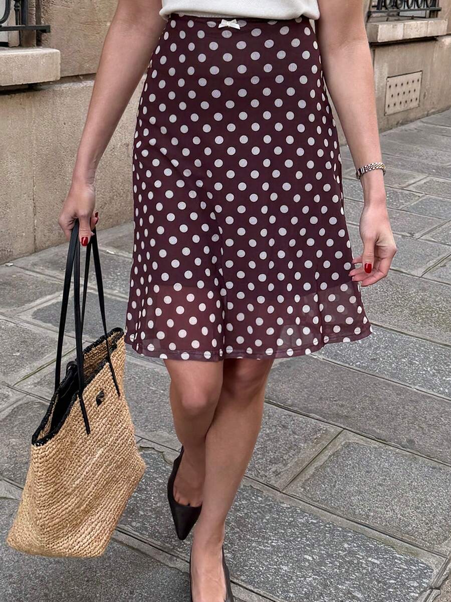 Pariaura 女士波点图案休闲百搭A字裙 - 棕色 - 查看 1