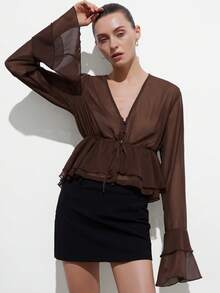 Aveloria Modichic Women's Elegant Dark Brown Summer Chiffon Blouse Deep V-Neck Drawstring Waist Fit And Flare Double Layer Ruffle Hem Flare Sleeve Night Out Retro Tops - Brown - View 4