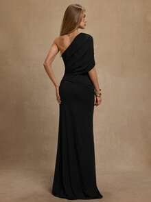 SHEIN BAE 秋冬酒红色不对称领口褶皱修身鱼尾连衣裙，优雅适合鸡尾酒会、浪漫约会、叠穿、派对、正式场合、夜间外出、婚礼宾客、万圣节、圣诞节等场合。 - 黑色 - 查看 2