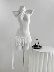 Elamini 女士蕾丝不对称下摆无袖露背吊带迷你连衣裙，性感时尚，适合春、夏、秋季穿着。 - 白色 - 查看 3