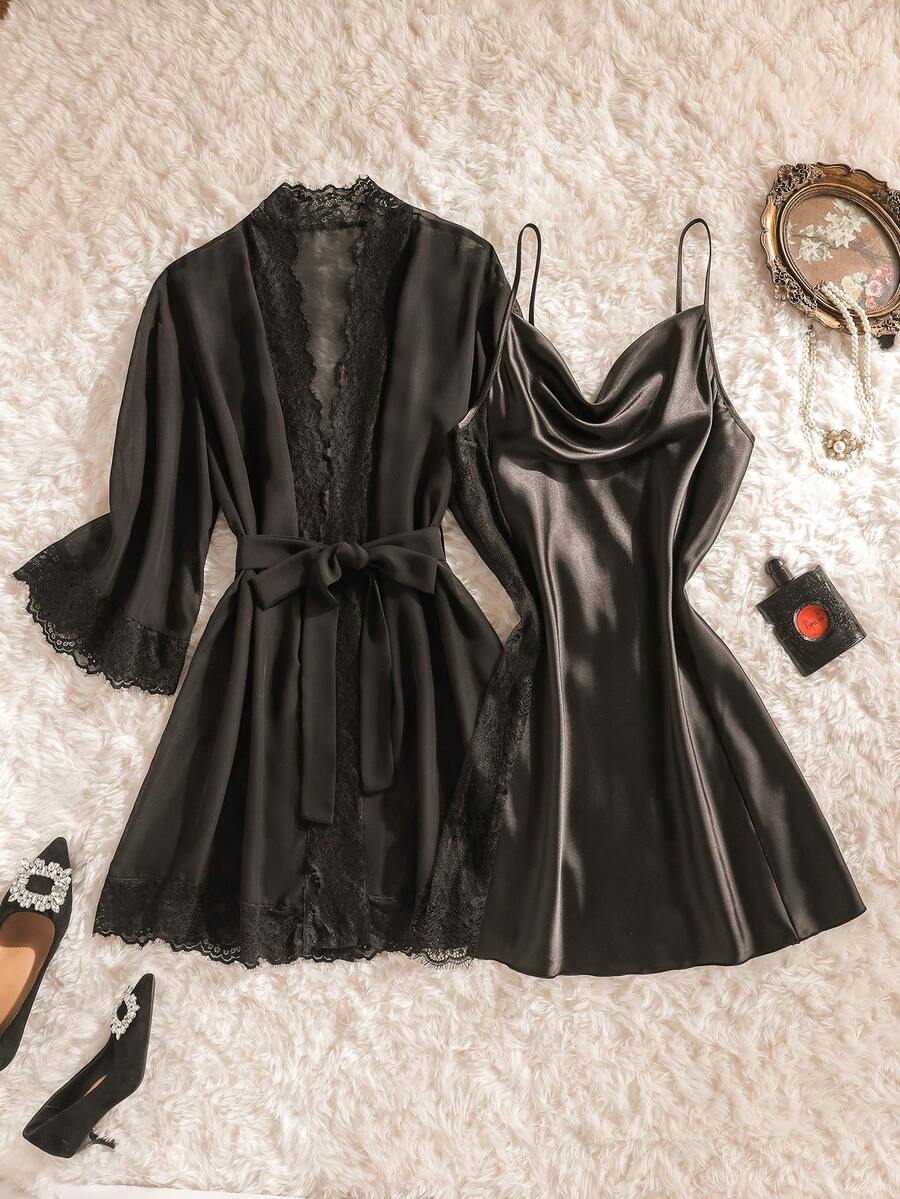 HautHeat 女士纯色吊带蕾丝拼接长袖睡袍套装 - 黑色 - 查看 1