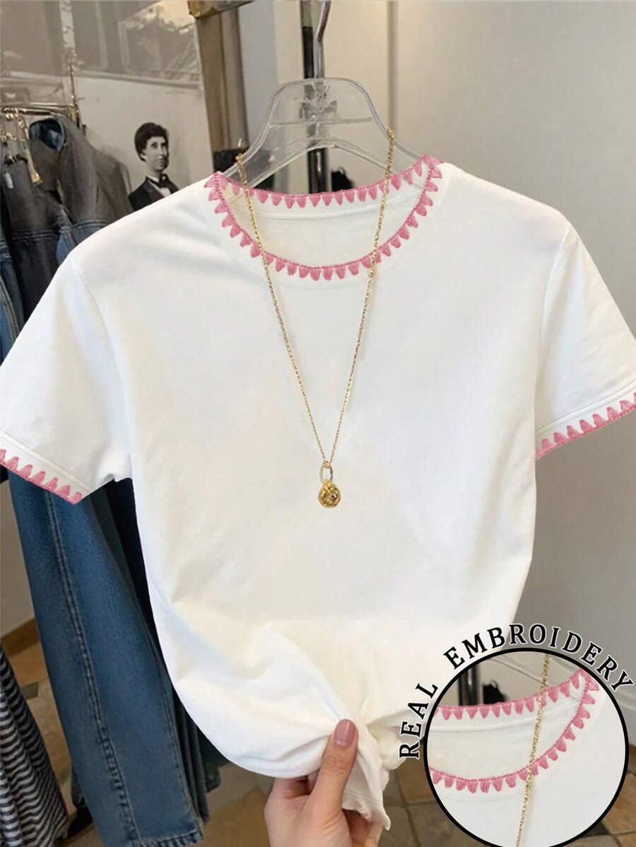 Resyla Women's Casual Contrast Trim Embroidered T-Shirt, Summer - White - View 1