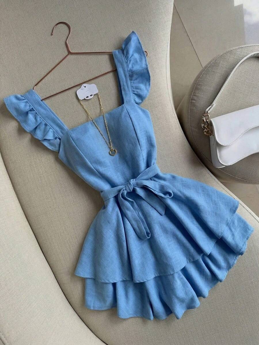 GlowEve New Arrival Summer Ruffled Collar Jumpsuit For Women, Blue Color, Waist Tie, Minimalist - Blue - View 1