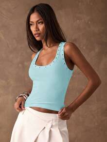 SHEIN BAE Women's Solid Color Scoop Neck Fitted Casual Tank Top, Summer - Mint Blue - View 5