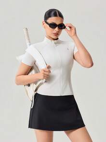 OutZeal Gym Top Women Sports Tee Solid Color Summer Spring Workout Casual Quick Drying Slim Fit Stand Collar Front Half Zip Active Tops - Beige - View 8