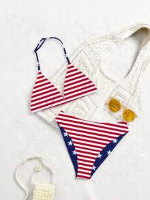 少女五件套泳衣，可调节挂脖上衣和三角泳裤，针织面料，随机星形和线条印花，休闲度假风，夏季海滩泳池派对假日装扮 - 彩色 - 查看 5