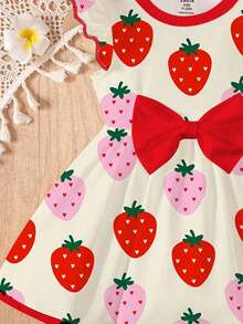SHEIN 甜美夏日缤纷草莓印花，度假风，女宝宝可爱蝴蝶结卡通印花时尚长袖连衣裙，适合秋冬季穿着 - 彩色 - 查看 6
