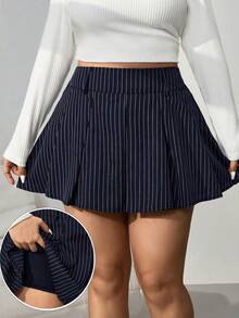 SHEIN EZwear 大码海军蓝白条纹迷你百褶裙，休闲百搭，适合返校季及春秋季穿着，修身剪裁 - 藏蓝色 - 查看 3